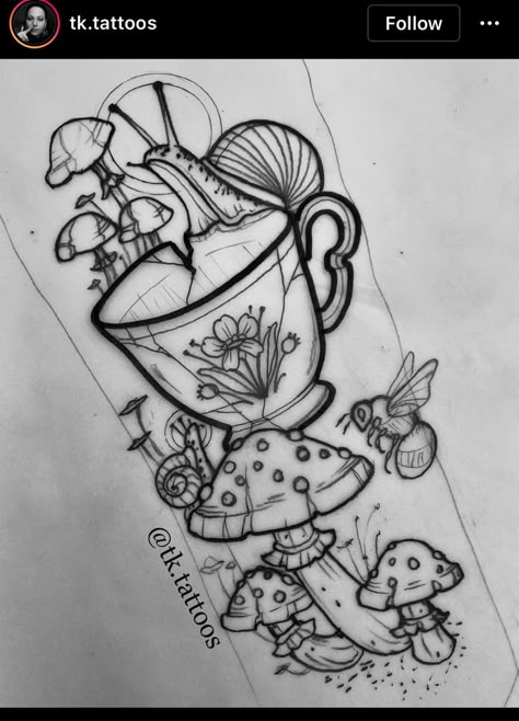 Black And White Aesthetic Tattoo, Mushroom Teacup Tattoo, Witchy Forest Tattoo, Alice Through The Looking Glass Tattoo, Wymsical Tattoos, Feminine Spooky Tattoos, Tea Pot And Cup Tattoo, Cottage Core Tattoo Sleeve, Mushroom Tattoo Stencil