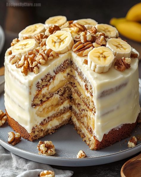 Moist Banana Walnut Cream Cake Recipe - Recipes By Clare Ube Crunch Cake, Heavenly Banana Walnut Cream Cake Recipe, Banana Cream Cake Recipe, Banana And Walnut Cake, Banana Walnut Cream Cake, Heavenly Banana Walnut Cream Cake, Banana Filling For Cake, Recipes By Clare, Best Banana Cake Recipe Moist