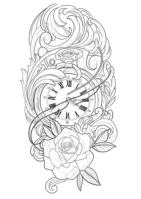 Clock Roses Tattoo Design, Religous Tattoo Stencil, Clock Forearm Tattoo, Clock Rose Tattoo, Time Piece Tattoo, Clock Tattoo Sleeve, Clock And Rose Tattoo, Rose Tattoo Stencil, Watch Tattoo Design