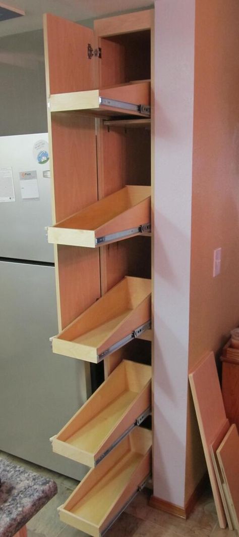 Pull Out Shelves Kitchen, Narrow Cabinet Kitchen, Cabinet Pull Out Shelves, Diy Pull Out Shelves, Narrow Pantry, Tiny Pantry, Narrow Storage, Narrow Storage Cabinet, Redo Cabinets