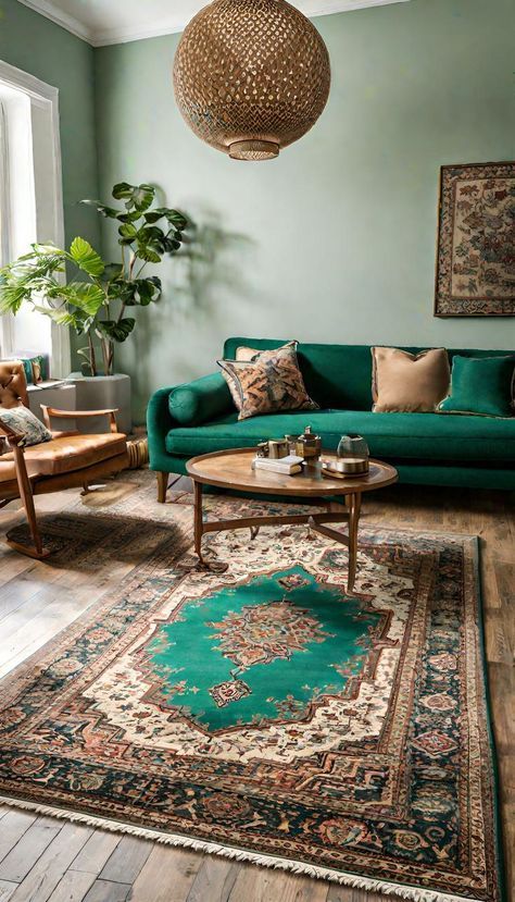 Green Rug Green Boho Living Room, Dark Green Boho, Living Room Decor Tips, Bohemian Elements, Grey Couch Living Room, Bohemian Living Rooms, Living Room Color Schemes, Vibrant Patterns, Bohemian Living Room