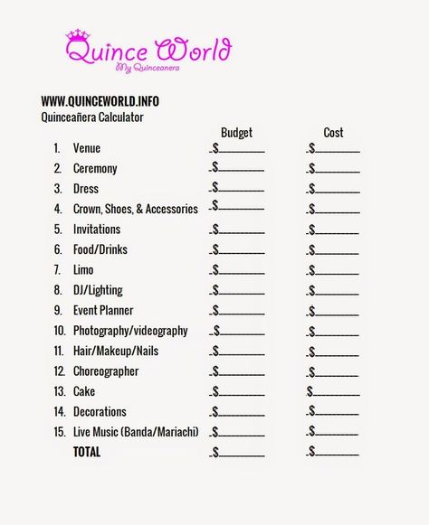 Quinceanera Checklist, Budget List, Sweet 15 Party Ideas Quinceanera, Sweet 15 Party Ideas, Budget Calculator, Budget Sheet, Quinceanera Planning, Quince Decorations, Budget Sheets