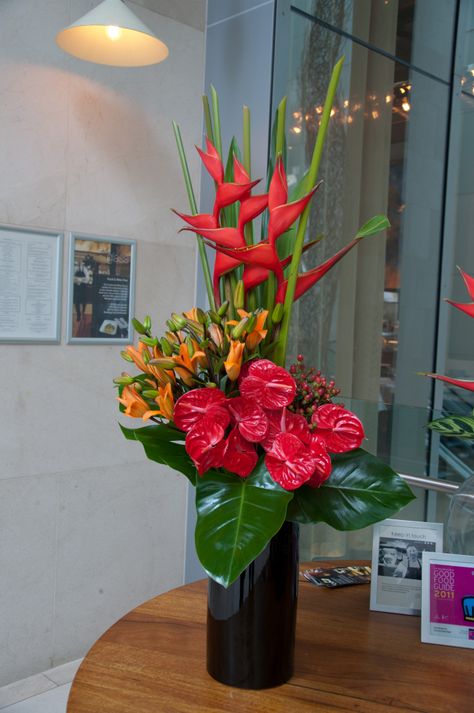 Anthurium Arrangement, Flowers Arrangements Ideas, Chinese New Year Flower, Altar Arrangements, Tropical Centerpieces, Tropical Floral Arrangements, Tropical Flower Arrangements, Table Flower Arrangements, Large Flower Arrangements