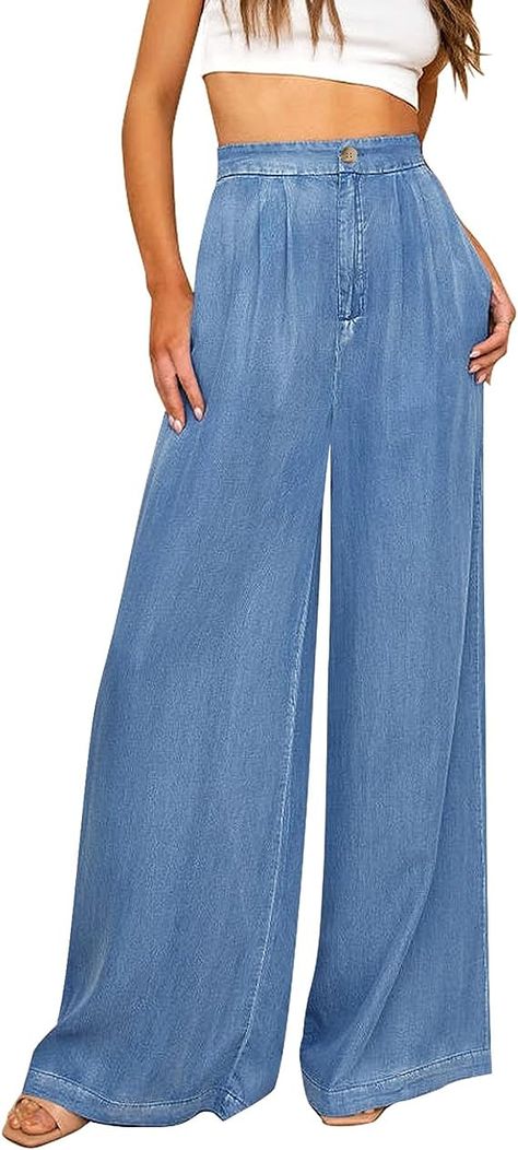 GRAPENT 2023 Wide Leg Pants for Women High Waisted Jeans Palazzo Pants Lightweight Summer Beach Flowy Trousers Y2K at Amazon Women's Jeans store Womens Flowy Pants, Flowy Trousers, Jeans Palazzo, Elastic Waist Jeans, Wide Leg Palazzo Pants, Tencel Fabric, Winter Jeans, Pull On Jeans, Flowy Pants