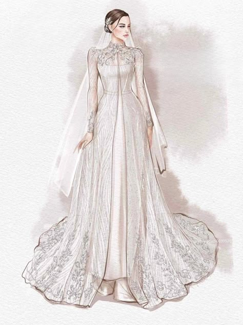 Fashion Design Sketches Wedding Dress, Wedding Dress Art Drawing, Versace Sketches, Wedding Gown Illustration, Muslim Bride Dress, Bridal Sketches, Sketch Vs Final, Sketch Female, Wedding Dress Drawings