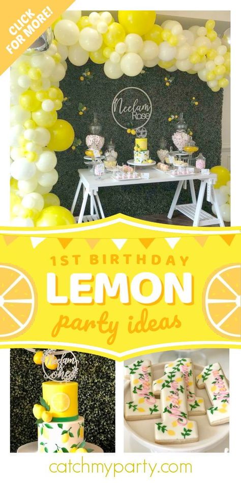 Birthday Lemon Theme, 1st Bday Party, Lemonade Stand Birthday, Lemon Themed Party, Lemon Invitations, Lemon Cupcake, Lemon Theme, 1st Birthday Party For Girls, Lemonade Party