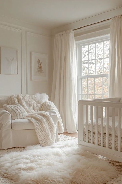 Whisper Soft Whites Nursery Nursery With Lots Of Windows, Nursery With Windows, Swan Baby Nursery, Minimalist Gender Neutral Nursery, Luxe Nursery, White Crib Nursery, Peaceful Nursery, Cozy Baby Nursery, French Country Nursery