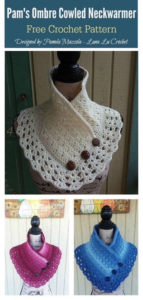 Lace Edging Pam's Ombre Cowled Neckwarmer Free Crochet Pattern #freecrochetpattern #crochetpattern #cowlfreepattern Shawl Ideas, Crocheted Shawls, Col Crochet, Crochet Scarf For Beginners, Crochet Collar Pattern, Crochet Cowl Free Pattern, Crochet Wrap Pattern, Cowl Crochet, Chunky Cowls