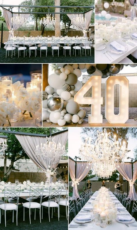 His And Her 40th Birthday Party, All White 40th Birthday Party Ideas For Men, White And Gold 40th Birthday Party, All White Party Theme Birthday, 40th Birthday White Party, 50th All White Birthday Party Ideas For Men, 40th Birthday For Women Party, Platinum Themed Party, White Out Birthday Party Theme