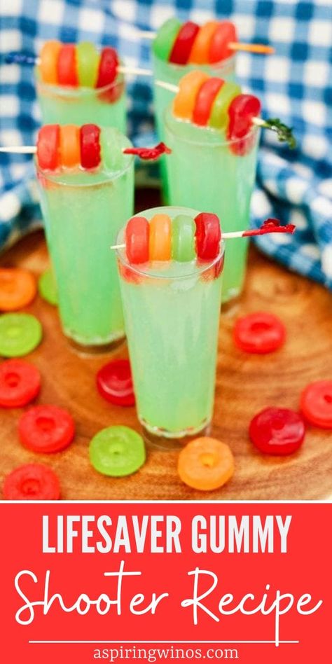 Lifesaver Gummy Shooter Recipe | Rum Shooter Recipe | Lifesaver Gummy Recipe | Tropical Shooters | Easy to make shooters #LifesaverGummy #LifesaverGummyShooters #ShooterRecipe #RumShooters #Recipes Charcuterie Shot Board, Fruity Shots Alcohol Recipes, Non Alcoholic Shots Recipes, Good Shots Recipes, Bachelorette Party Shots Recipes, Camping Shots Alcohol, Easy Alcoholic Shots, Shot Cuterie Board Party, Shooter Recipes Alcohol