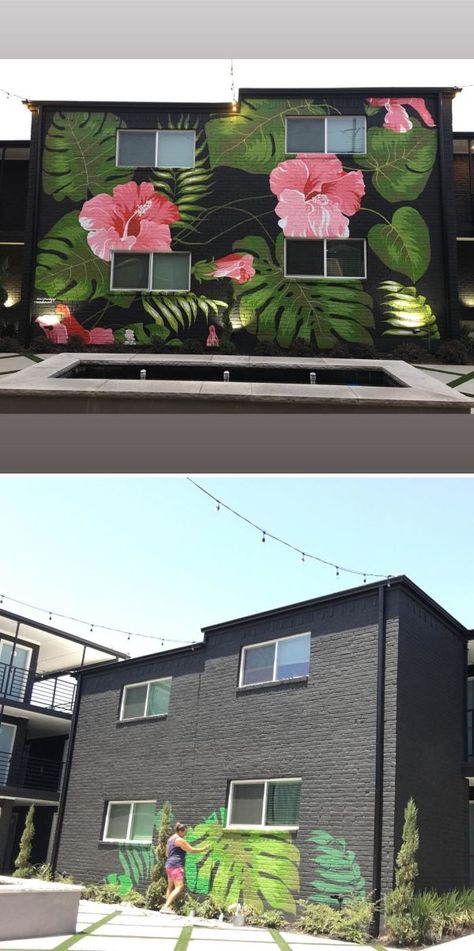 Mural On Side Of House, Mural On Metal Building, Brick Wall Mural Outdoor, Hibiscus Mural, Outdoor Wall Murals Backyards, Backyard Mural Ideas, Spa Mural, Backyard Murals, Outdoor Mural Ideas