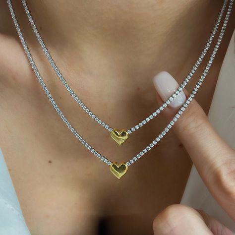 Choker Diamond, Diamond Tennis Necklace, Rhinestone Choker Necklace, Tennis Chain, Diamond Choker, Gold Chain Jewelry, Necklace Diamond, Rhinestone Choker, Silver Heart Pendant