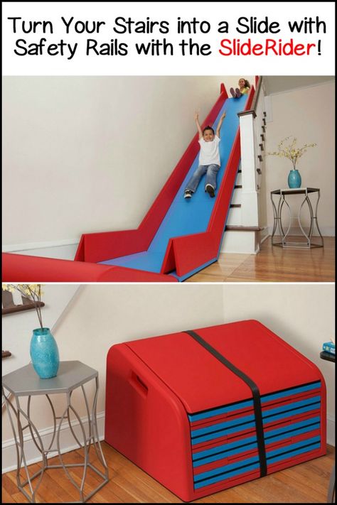 Turn your stairs Into a slide complete with safety rails with the SlideRider! Slide On Stairs, Diy Slide For Bed, Diy Stair Slide, Playroom Slide Ideas, Slide For Stairs, Diy Stair Slide Indoor, Slide In House, Stair Slide Indoor, Indoor Slides For Home Stairs