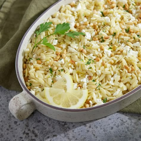 Lemon Orzo Recipe - Magnolia Magnolia Table Recipes, Lemon Orzo Salad, Joanna Gaines Recipes, Orzo Recipe, Lemon Orzo, Baked Pears, Orzo Recipes, Parmesan Crisps, Magnolia Table