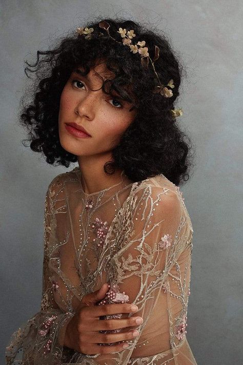 Curly Hair With Flower Crown, Curly Hairdos, Ethereal Dramatic, Hydrangea Vine, Inner Sanctum, Face References, Boho Flower Crown, Bohemian Hairstyles, Wedding Pins