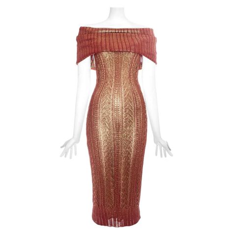 Christian Dior by John Galliano copper knitted off shoulder dress, fw 1999 For Sale at 1stDibs Dior Evening Dress, Dress Fw, Dior By John Galliano, Copper Dress, 2000s Clothing, 20th Century Fashion, Designer Evening Dresses, Plunge Dress, Metallic Copper