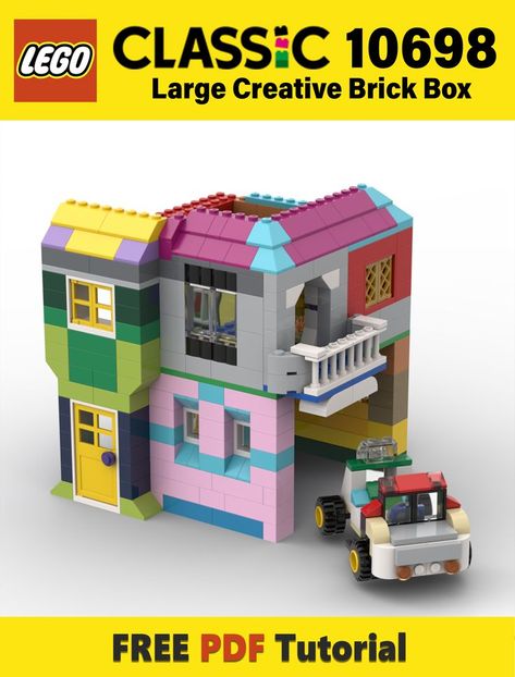 Easy PDF instruction on how to make house with a garage from bricks of the LEGO classic set series 10698 Large Creative Brick Box. In my Lego tutorial, you can build a house with two stories. On the first floor there will be a kitchen, a dining room and a garage. On the second floor we will make a balcony, a bedroom with a bed and a table, curtains, a bathtub, a toilet, a washbasin. Lego Diy Projects, Lego Display Shelf, Lego Blueprint, House With Garage, Lego House Ideas, Lego Furniture, Lego Boxes, Lego Building Instructions, Lego Club