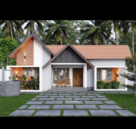 Kerala House Landscape Design, Kerala Architecture Exterior, Kerala Traditional House Exterior, Indian Farmhouse Design, Small House Exterior Design, Houses In Kerala, Tropical Residence, Single Storey House Design, Slope Roof