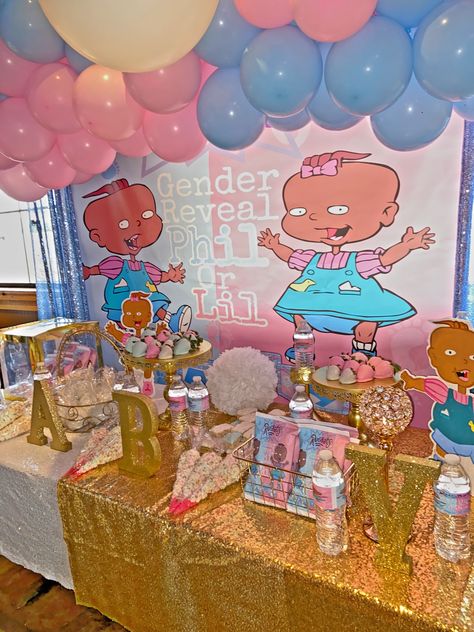 Phil And Lil Gender Reveal, Gender Reveal Ideas Cartoon, Creative Gender Reveal Themes, Rugrats Gender Reveal Ideas, Black People Gender Reveal Ideas, Proud Family Gender Reveal Theme, Twin Gender Reveal Themes, August Gender Reveal Ideas, Rugrats Gender Reveal