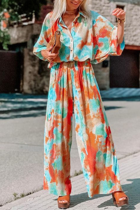 $12.6 Multicolor Bohemian Tie Dye Pleated Shirt Collar Loose Jumpsuit Wholesale Outfits Bright Colors, Shirt Collar Styles, Loose Jumpsuit, Flowy Fabric, Pleated Shirt, Bohemian Pattern, Jumpsuits And Romper, Tie Dye Designs, Turndown Collar