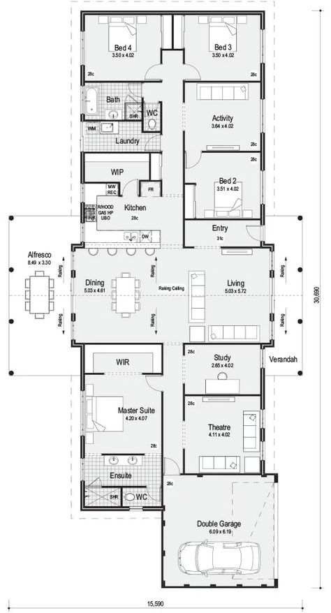 Me gusta la distribución de las habitaciones Central Hallway Floor Plan, Long House Plans Open Floor, Tandem Carport, Long House Floor Plans, Accessible Floor Plans, Long House Plans, Wide House Plans, Wide Floor Plans, Texas House Plans