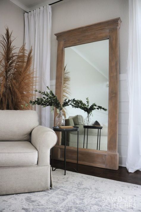 How to Build: Large Floor/Leaner Mirror - Sawdust 2 Stitches Floor Mirror Living Room, Diy Floor Mirror, Large Floor Mirror, Modern Primitive, Restoration Hardware Style, Leaner Mirror, Builder Grade, Mirror Ideas, Diy Flooring