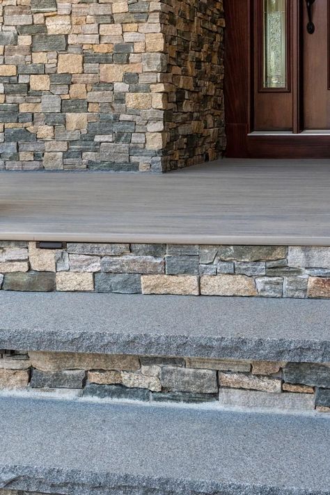 Front Porch Steps And Pathway Ideas With Bluestone, Grand Front Porch Steps, Porch Stone Ideas, Paver Front Porch Entrance, Front Porch Stone Ideas, Rock Steps Porch Front Entry, Brick Steps Front Porch Entrance, Front Door Steps Ideas Entrance Stairs, Wide Front Porch Steps