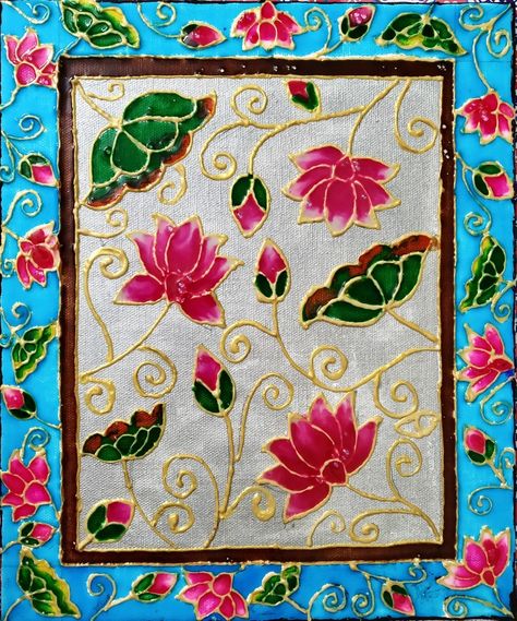 Meenakari Art Design, Meenakari Painting On Canvas, Lotus Lippan Art, Minakari Painting, Pichwai Paintings Motifs, Lipin Art, Meenakari Painting, Meenakari Art, Lotus Motif