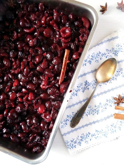 Roasted cherries served on top of strained yogurt, a simple and wonderful cherry dessert made with fresh sweet cherries. #whereismyspoon #roastedcherries #bakedcherries #cherrydessert #freshcherryrecipe #ovencherries #strainedyogurt #strainedyogurtdessert Savory Cherry Recipes, Sweet Cherry Recipes, Roasted Cherries, Fresh Cherry Recipes, Roasted Cherry, Cherry Desserts, Light Desserts, Cherry Recipes, Fresh Cherries