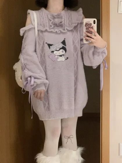 Purple Kuromi Open Shoulders Sweater Dress Kuromi Leg Warmers, Kuromi Dress, Purple Kuromi, Kuromi Clothes, Gown Aesthetic, Open Shoulder Sweater, Korean Dress, Birthday List, Hooded Cardigan