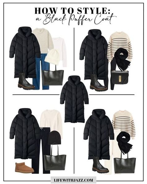 London Outfit Winter Plus Size, Style Long Puffer Jacket, Winter Outfits Puffer Coat, How To Style A Coat Winter, How To Style A Long Puffer Jacket, Winter Black Jacket Outfit, Black Puffer Winter Outfit, Oversized Puffer Coat Outfit, Black Coats For Women Winter