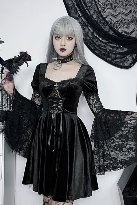 Soft, luxurious fabric for an alluring and cozy feel. Contrast Eyelash Lace Flounce Sleeve Velvet Dress for a mesmerizing appearance. Suitable for Gothic gatherings, costume parties, or showcasing your unique taste. #gothic_dresses #halloween_costumes Goth Actress, Alternative Fits, Lace Gothic Dress, Goth Dresses, Black Lace Long Sleeve Dress, Goth Stuff, Fitted Lace Dress, Goth Things, 50s Retro