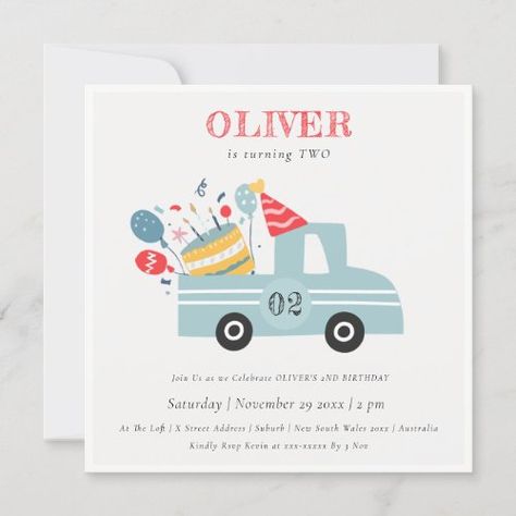 $2.82 | Grey Blue Any Age Birthday Party Cake Truck Invite #birthday cake yellow truck balloons, cute lively red blue mustard, kids babies toddlers pre-schooler baby, first second birthday any age, modern designer spring wild bold, cheerful fun urban unique invite, car vehicle party crackers boy, transport theme toy gifts fun, birthday cap hat trendy pretty, lively colourful pretty clean fresh Vehicle Birthday Party, Birthday Cake Yellow, Cake Truck, Yellow Truck, Truck Birthday Cakes, 82nd Birthday, 72 Birthday, Transportation Birthday, Party Crackers