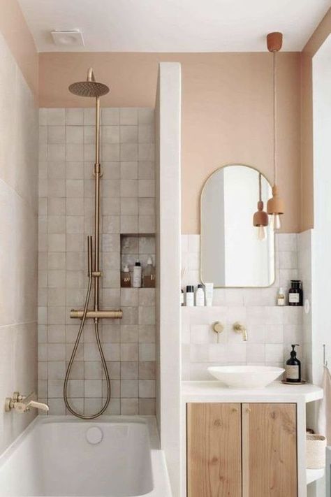 Peach Bathroom, Beige Bathroom Ideas, Narrow Bathroom, Beige Bathroom, Aesthetic Bathroom, Tiny Bathrooms, Bad Design, Tiny Bathroom, Bathroom Wallpaper