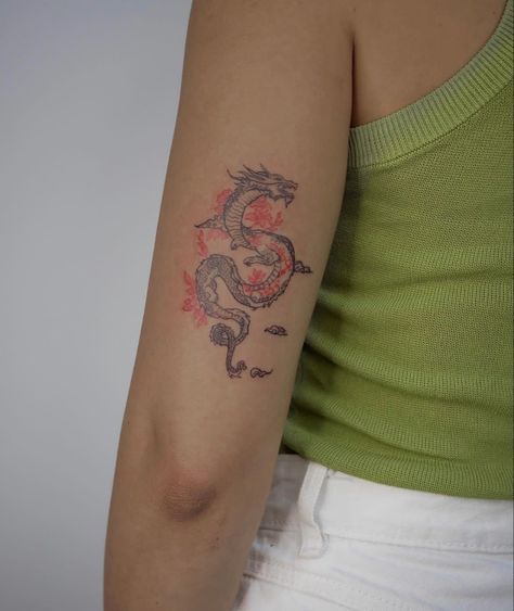 Dragon Lower Arm Tattoo, Red Ink Dragon Tattoo Arm, Minimalist Tattoo On Arm, Small Chinese Dragon Tattoo, Dragon Tattoo For Women Arm, Arm Dragon Tattoo, Dragon Tattoo Upper Arm, Minimalist Dragon Tattoo, Haku Dragon Tattoo