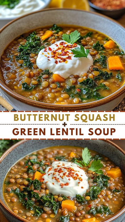 Butternut Squash + Green Lentil Soup Lentil Soup With Butternut Squash, Lentils Butternut Squash, Vegetable Soup With Butternut Squash, Butternut Squash Dahl, Butternut Squash And Lentils, Butternut Lentil Soup, Squash And Lentil Soup, Lentil And Butternut Squash Soup, Butternut Squash Kale Soup