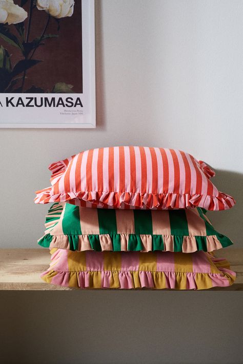 Ruffle Pillow, Stripe Throw Pillow, H&m Home, Pink Stripes, Recycled Cotton, Color Palettes, Cotton Weaving, No Frills, Room Inspiration