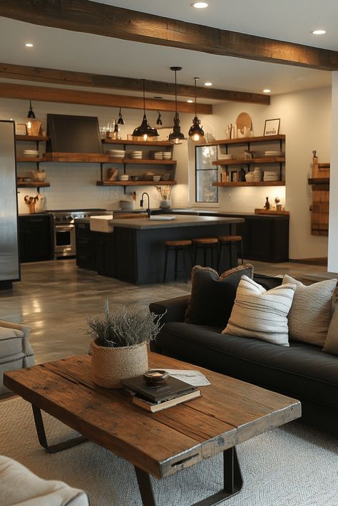 Industrial Meets Farmhouse Modular Home Interior Design, Modular Home Decor, Industrial Farmhouse Decor Ideas, Modern Industrial Interior Design Living Room, Modern Industrial Farmhouse Living Room, Earthy Home Interior, Edgy Farmhouse, Modern Ranch Style Homes Interior Decor, Joanna Gaines Farmhouse Living Rooms