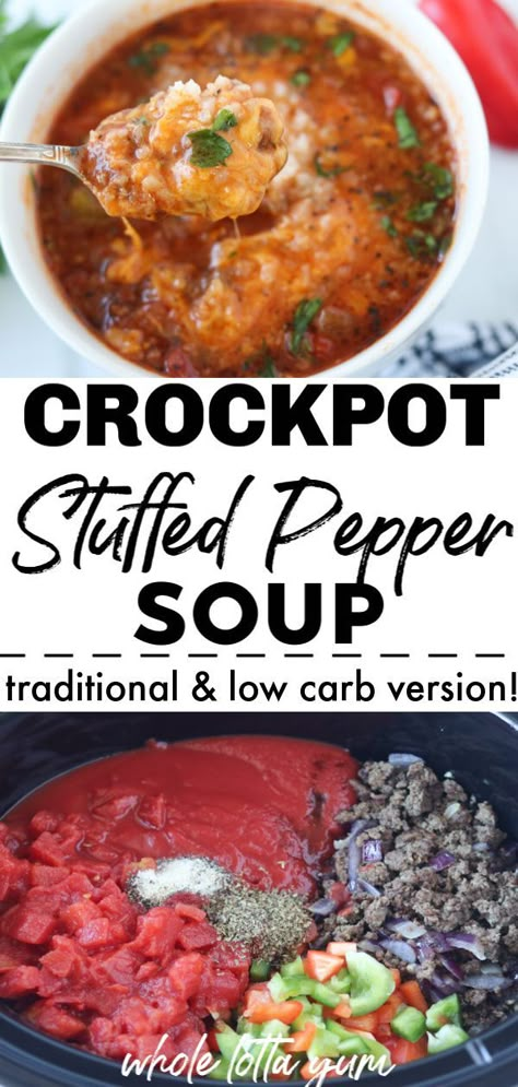 An easy crock-pot stuffed pepper soup that is a simple stuffed pepper soup recipe with ground beef, tomatoes, and vegetables. Add rice or cauliflower rice to make it a low carb or keto stuffed pepper soup. Skip the cheese to make it healthier! Both slow c Pepper Soup Crockpot, Keto Stuffed Pepper Soup, Stuffed Pepper Soup Crockpot, Healthy Crock Pots, Stuffed Pepper Soup Recipe, Lamb Soup, Healthy Crock Pot Recipes, Pepper Soup Recipe, Low Carb Instant Pot Recipes