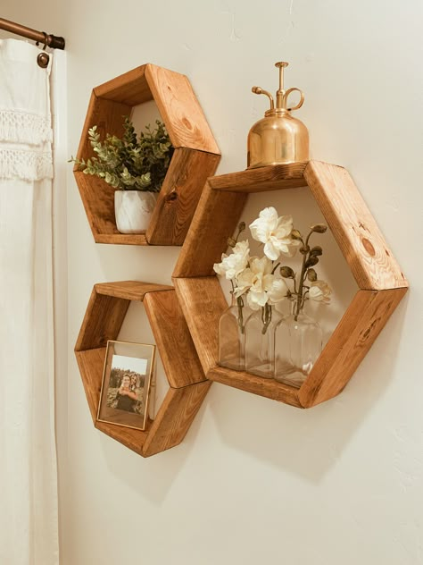 3 Hexagon Shelves Decor, Hexagon Shelf Bathroom, Decorating Hexagon Shelves, Hexagon Shelves In Kitchen, How To Decorate Hexagon Shelves, Hexagon Shelf Decor Living Rooms, Hexagon Bathroom Shelves, Bathroom Hexagon Shelves, Hexagon Shelves Bathroom