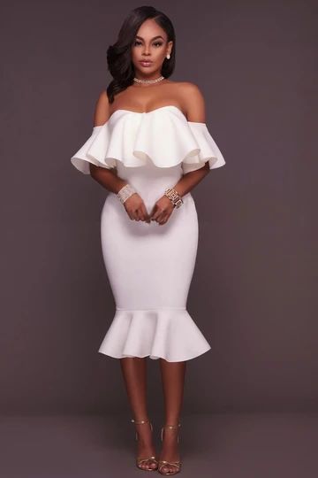 Events Dresses, Ruffles Dresses, White Off Shoulder Dress, Ruffle Bodycon Dress, White Ruffle Dress, Ruffle Bodycon, Bodycon Midi Dress, Form Fitting Dress, White Off Shoulder