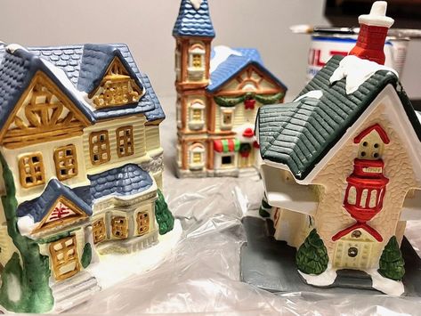 Antique Christmas Village, Updated Christmas Village, Ceramic Christmas Village Houses, Upcycled Christmas Village Houses, Update Christmas Village, Christmas Village Upcycle, Repainted Christmas Village, Repaint Christmas Village, Repainting Christmas Village Houses