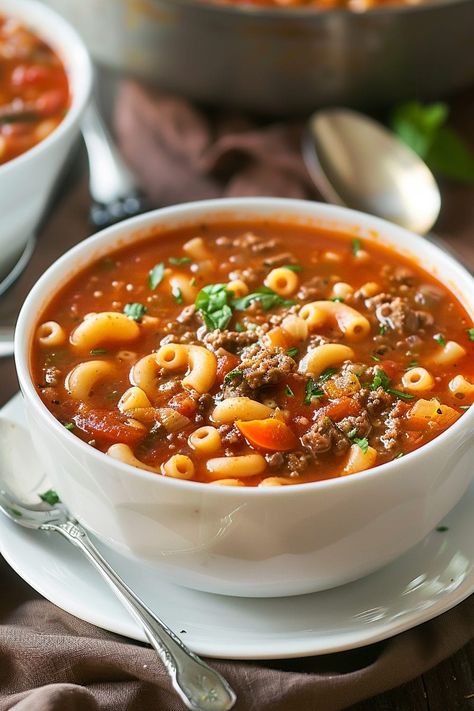 Crockpot Beef Macaroni Soup, Tomato Mac Beef Soup, Hamburger Tomato Macaroni Soup, Macaroni And Beef Soup, Beef Tomato Macaroni Soup, Beefy Noodle Soup, Macaroni Soup Hamburger, One Pot Cheeseburger Macaroni Soup, Soup With Ground Beef And Pasta