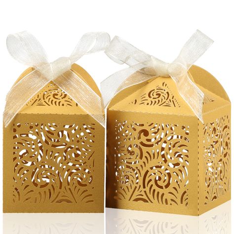 PRICES MAY VARY. Material: Made of high-quality and safe Pearlescent paperboard which has a beautiful shimmer with hollow out pattern. Make your special occasion even more memorable with these elegant and stylish wedding favor boxes. Size: 2 x 2 x 3'' / 5 x 5 x 7.5cm after folding. These candy boxes for gift giving are perfect for packaging chocolates, candies, cookies, electronic candles, small colored lights and other small personalized favors for your guests. How to Assemble: The small treat Macaroon Favors, Table Party Favors, Party Gifts For Guests, Wedding Favors Boxes, Party Wedding Favors, Favors For Wedding, Germany Wedding, Gold Candy, Party Favors For Adults