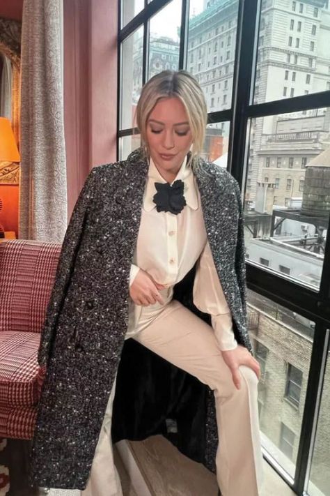 Hilary Duff wore a boucle peacoat on Live With Kelly and Ryan. The Astr the Label Morana Oversized Boucle Coat is available to shop at Revolve and the brand’s website. #celebrity#hollywood#fashion#style#ootd Silent Luxury, Winter Coat Trends, Luxury City, Plaid Trench Coat, Off White Pants, Textured Coat, Boucle Coat, Hillary Duff, Coat Trends