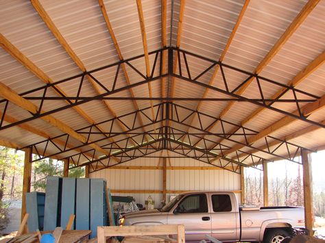 Need Metal : 30 x 60 x 16 Rv or Motorhome Cover Tall Pole Barn Steel Trusses - $5,501.48 Truss Roof Design, Metal Trusses, Diy Pole Barn, Metal Pole Barns, Pole Barn Kits, Pole Barn Designs, Pole Barn Plans, Pole Barn Garage, Building A Pole Barn