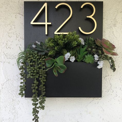 Bathtub Candles, House Number Ideas Outdoor, Address Planter, Modern Address Sign, Unique House Numbers, Staging Decor, House Number Plates, House Numbers Diy, Entry Table Decor