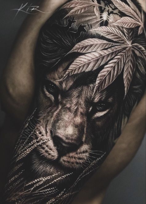 Sleeve Tattoos Lion, African Sleeve Tattoo, Lion Shoulder Tattoo, Tattoos Lion, Lion Forearm Tattoos, Jungle Tattoo, Animal Tattoos For Men, Animal Sleeve Tattoo, Tier Tattoo