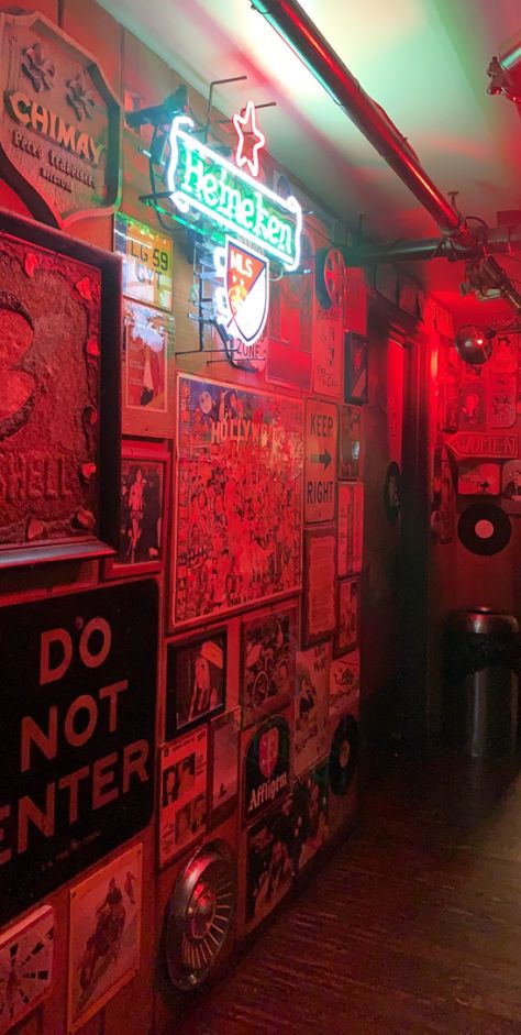 Industrial Club Design, Dive Bar Aesthetic Basement, Eclectic Man Cave, Pub Vibes Aesthetic, Basement Bar Aesthetic, Rustic Bar Aesthetic, Dive Bar Basement, Vintage Club Aesthetic, Dive Bars Aesthetic