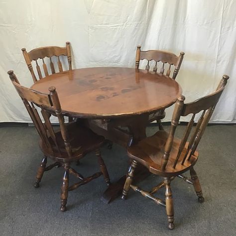 Incredibly enchanted with this solid pine dining set from Vermont! Perfect for: rustic, farmhouse, cabin, and cottage core aesthetics! 5pc Vintage Rustic Dark-Stained Solid Pine Dining Set: 4 Arrow-Back Chairs & Round/Oval Trestle Table w/ Two 12” Leaves & 3 Covers (Tab: 48”W x 48”/72”D x 31”H) (Cha: 22”W x 20”D x 39”H & 18” Seat) Item Number: 16661-1 $365 Love it? Don’t miss out! You can purchase this item on our website (link in bio). Pro Tip: use the Item Number listed above to search... Core Aesthetics, Farmhouse Cabin, Trestle Table, Dark Stains, Website Link, Solid Pine, Rustic Farmhouse, Cottage Core, Dining Set